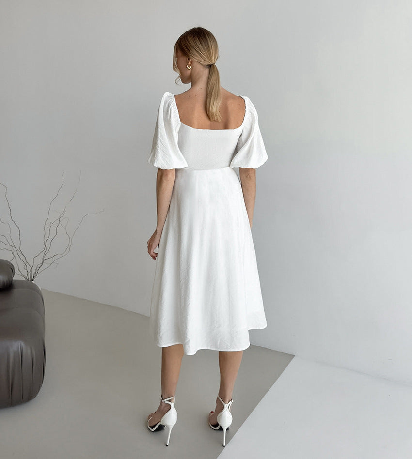 Women's Square Neck Slim Puff Sleeve A-line Dress