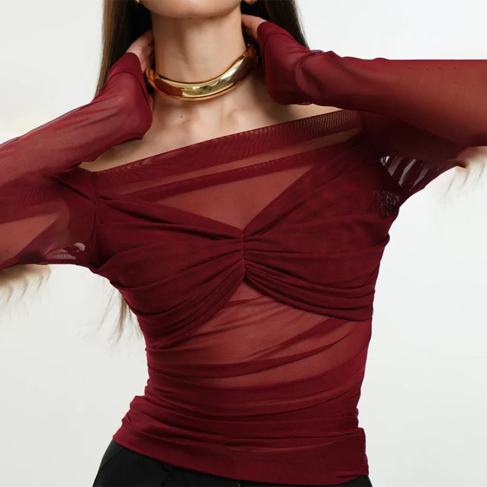 Summer Women's Fashion Off-Shoulder Sheer Mesh Ruched Top
