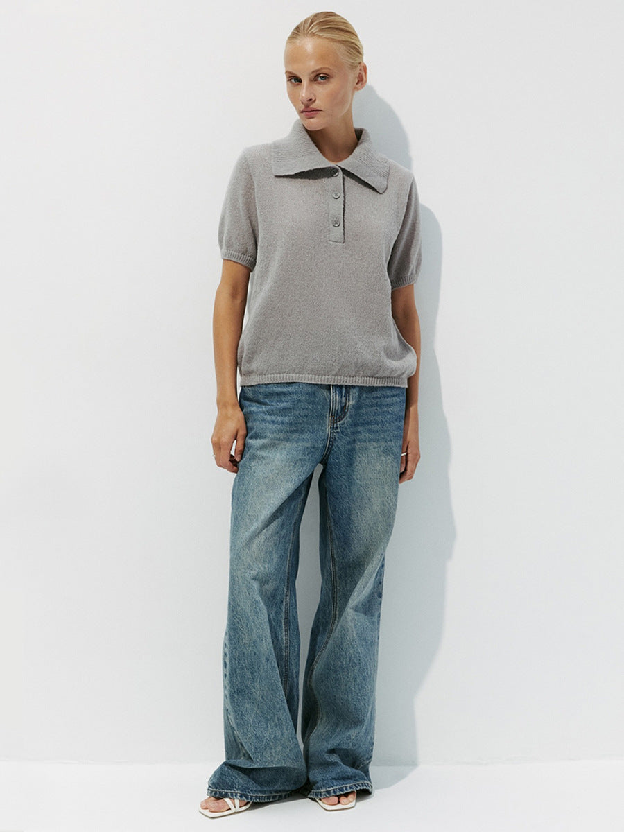 Women’s Spring Summer Mohair Knit T-Shirt Sweater – Short Puff Sleeve Polo Collar Lightweight Top