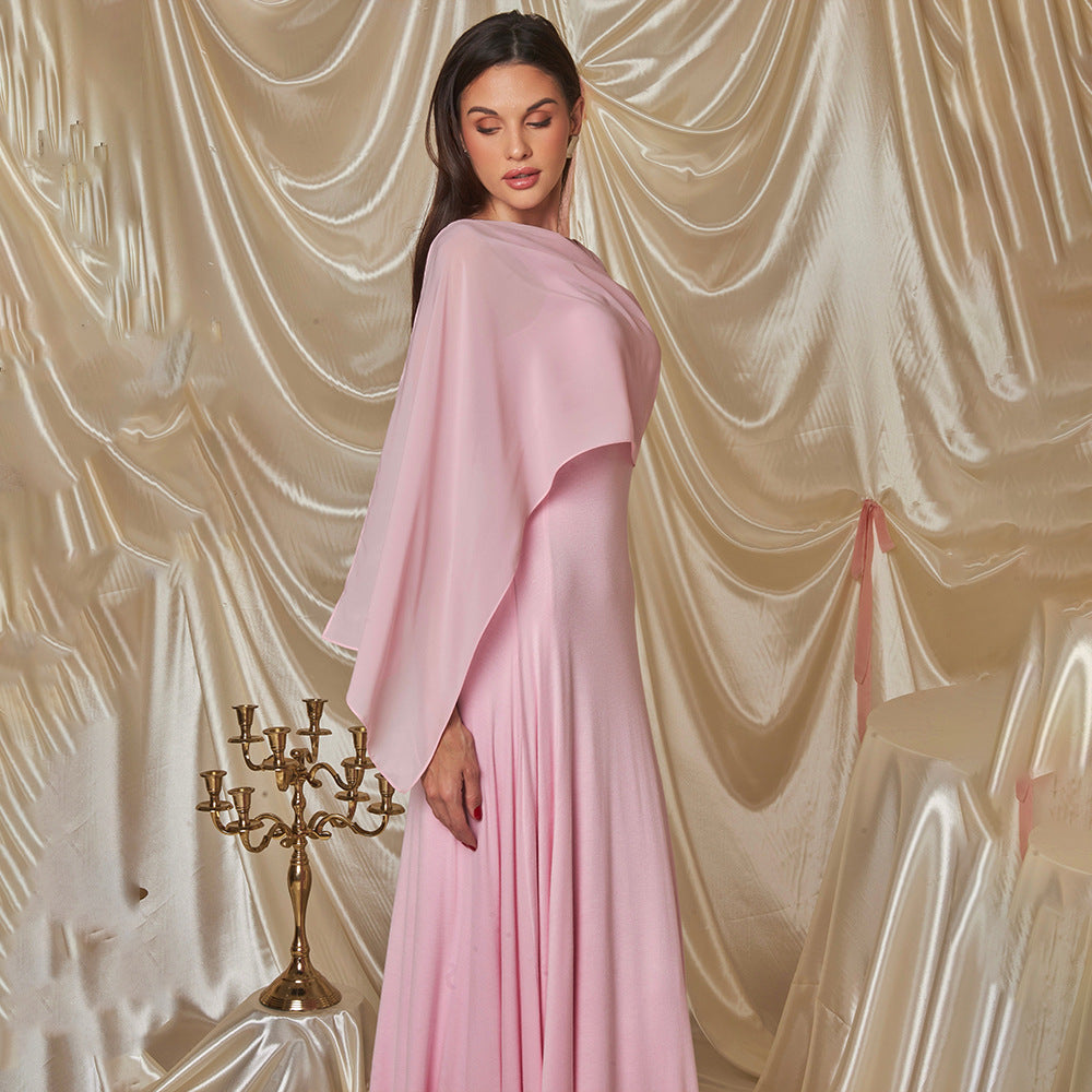 Women's Solid Color Puff Sleeve Pleated Maxi Dress with Asymmetrical Square Neck and Flowing Tie Detail