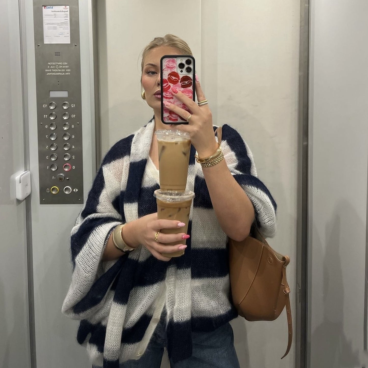 Women's Loose Striped Knit Cardigan with Scarf