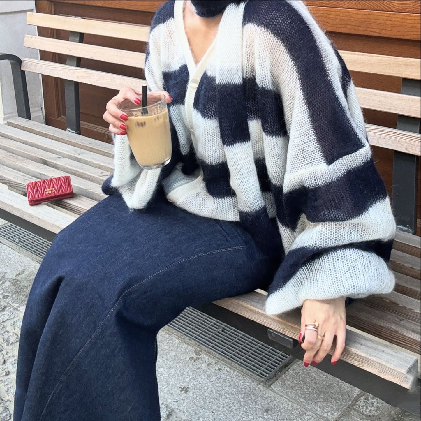 Women's Loose Striped Knit Cardigan with Scarf