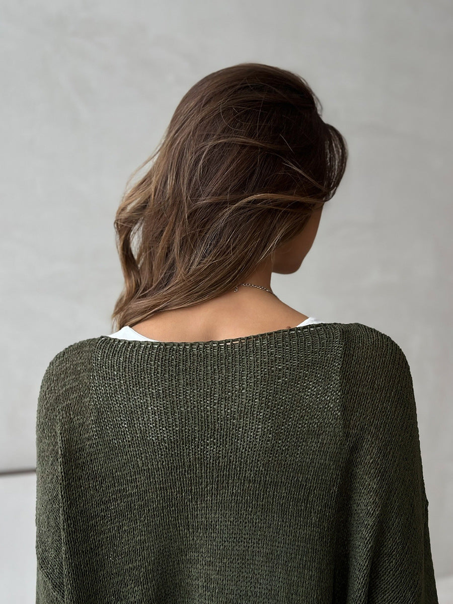 Women's Spring Summer Solid Color Knit Sweater – Loose Fit Long Sleeve Pullover with Hollow-Out and Draped Hem