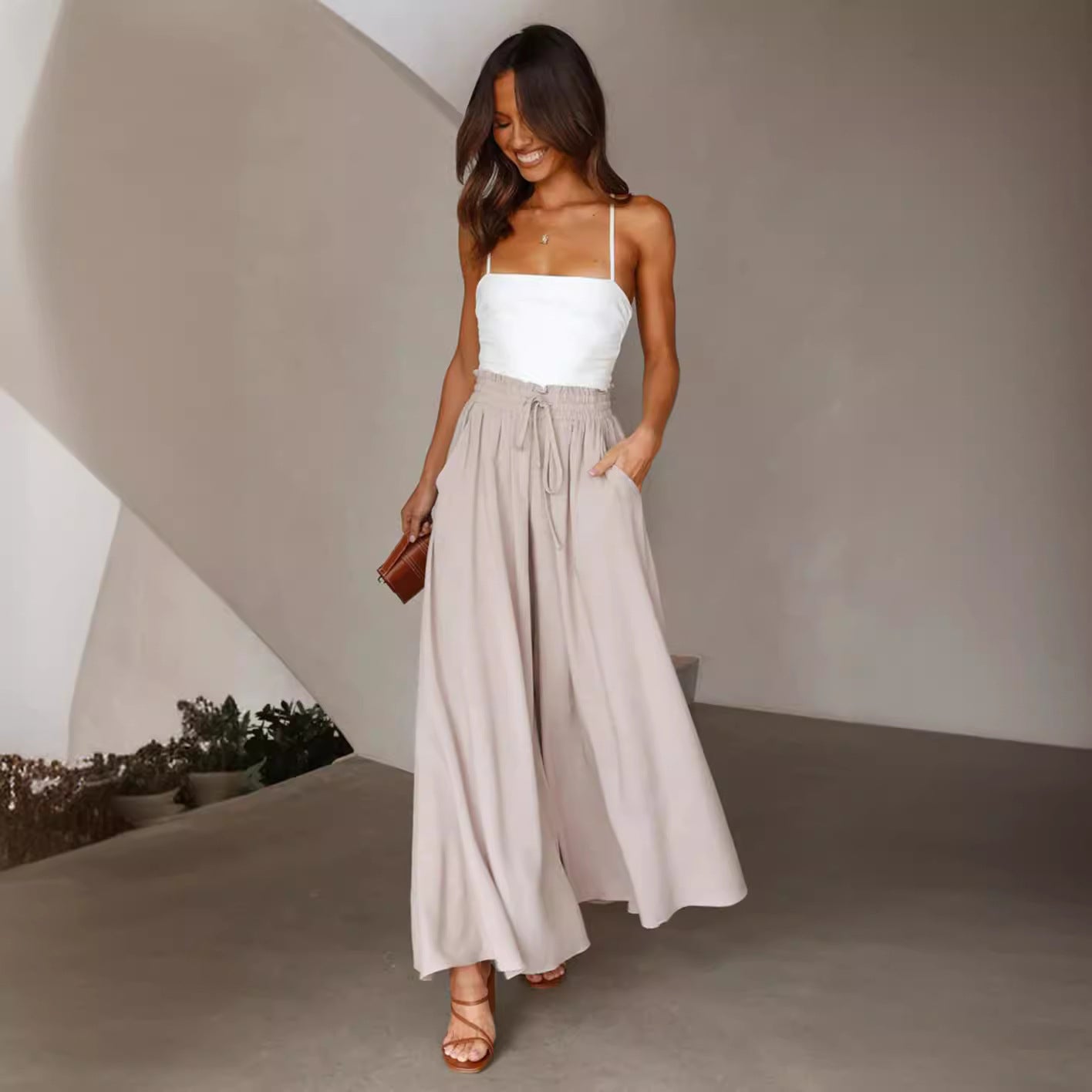 Women’s Multi-Color Elastic Waist High-Waisted Wide-Leg Long Skirt Pants