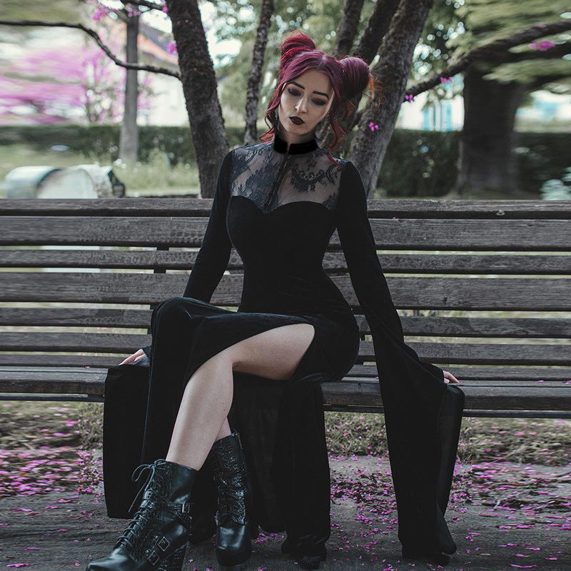 Gothic Contrast Lace Solid Dress, Gothic Flared Sleeve Maxi Halloween Dress