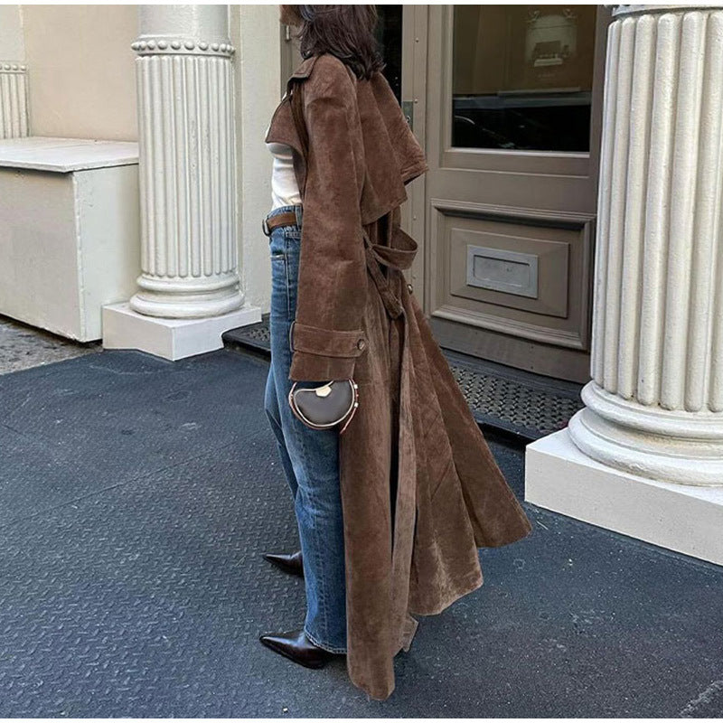 Women's Brown Belted Waist Elegant Double-Breasted Long Coat