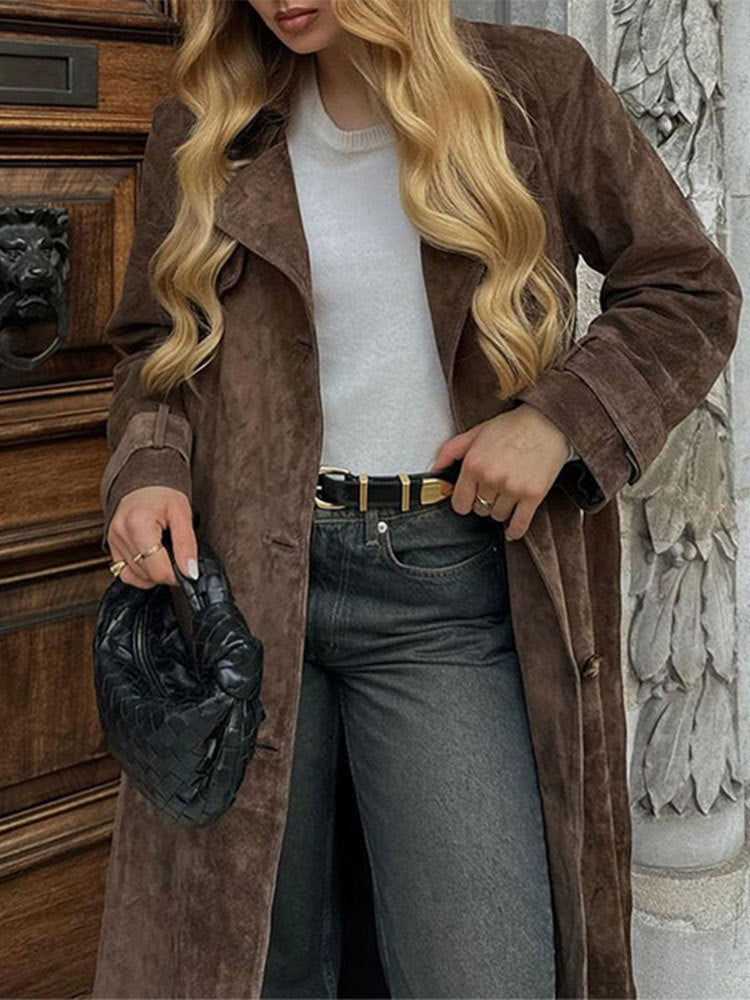Women's Brown Belted Waist Elegant Double-Breasted Long Coat