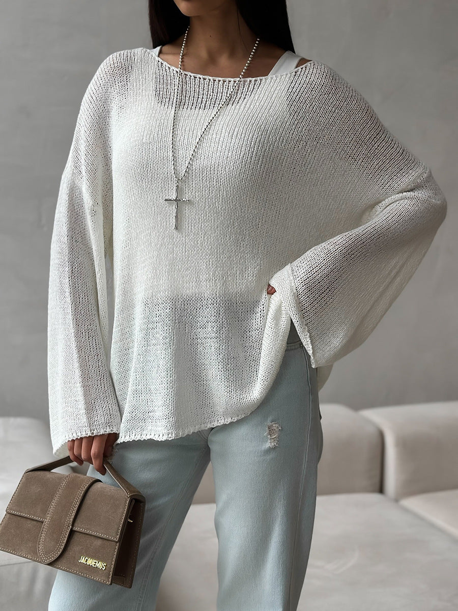 Women's Spring Summer Solid Color Knit Sweater – Loose Fit Long Sleeve Pullover with Hollow-Out and Draped Hem