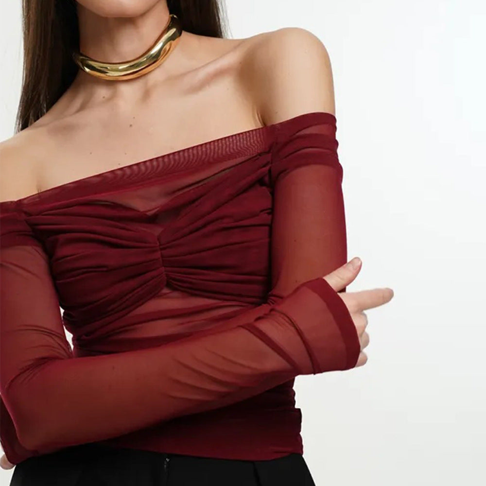 Summer Women's Fashion Off-Shoulder Sheer Mesh Ruched Top