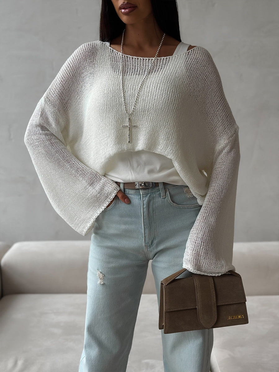 Women's Spring Summer Solid Color Knit Sweater – Loose Fit Long Sleeve Pullover with Hollow-Out and Draped Hem