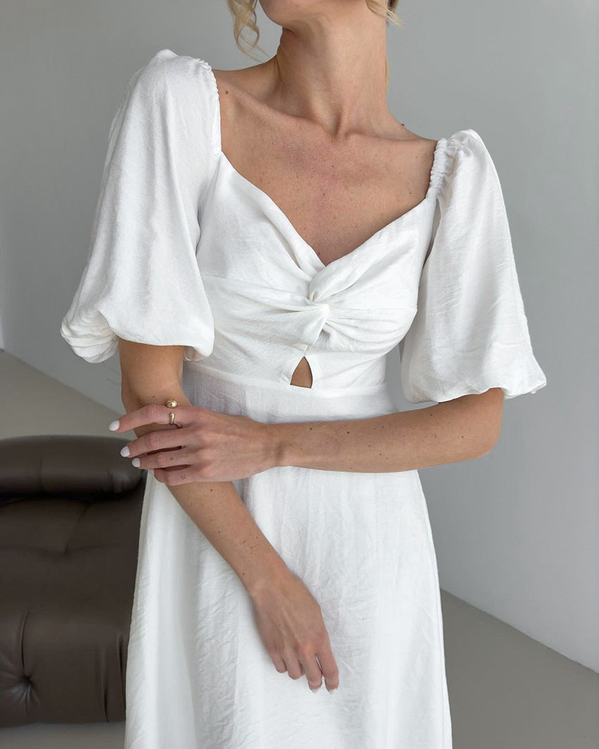Women's Square Neck Slim Puff Sleeve A-line Dress
