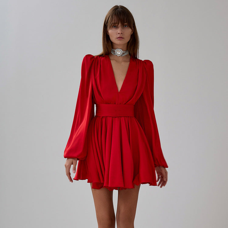 Women's Red Satin French-Style Puff Sleeve V-Neck Pleated A-Line Dress