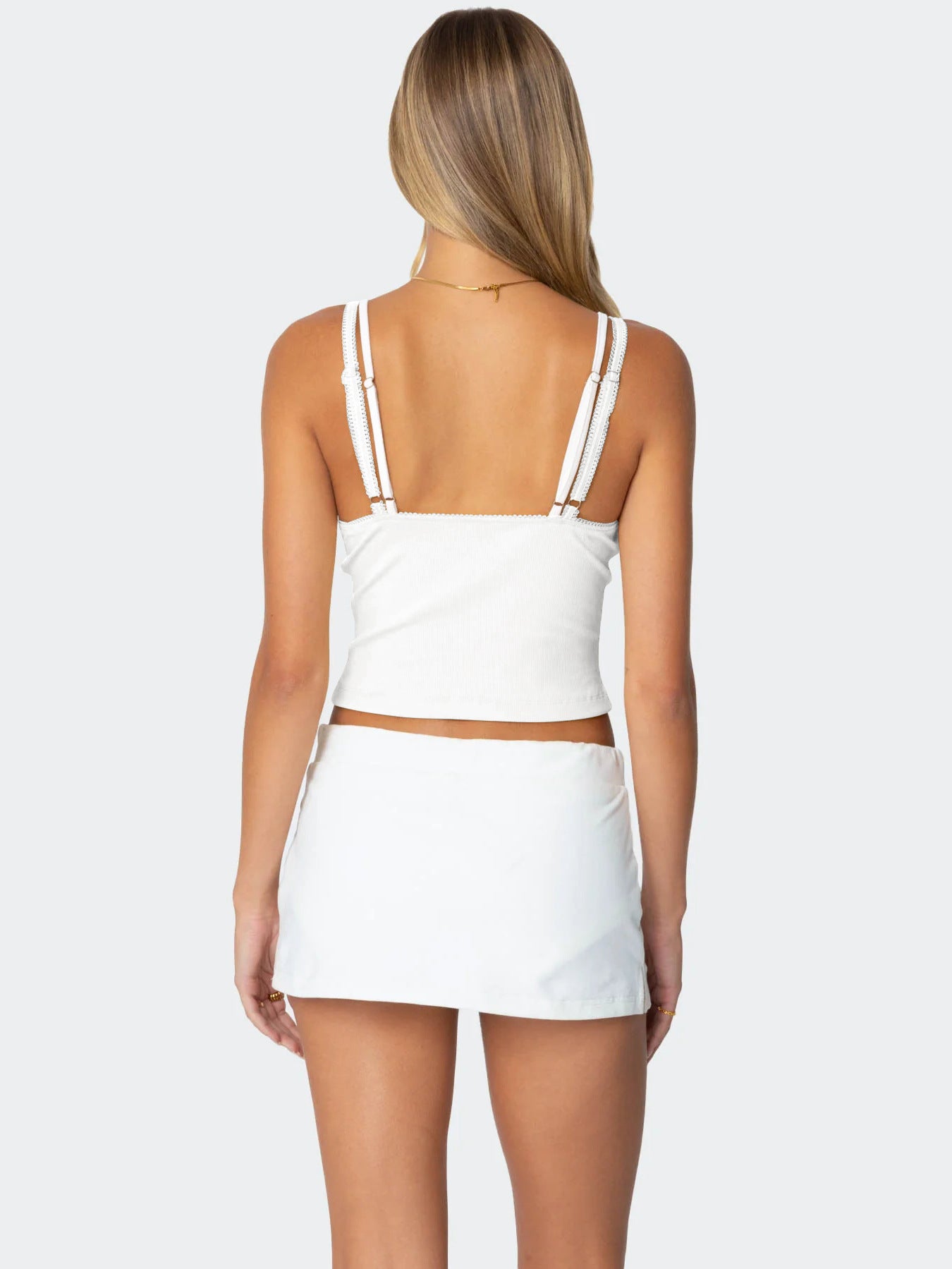 Women's Spring Summer Fashion Contrast Lace Patchwork Double-Strap Camisole with Bow – Slim Fit Faux Two-Piece Top