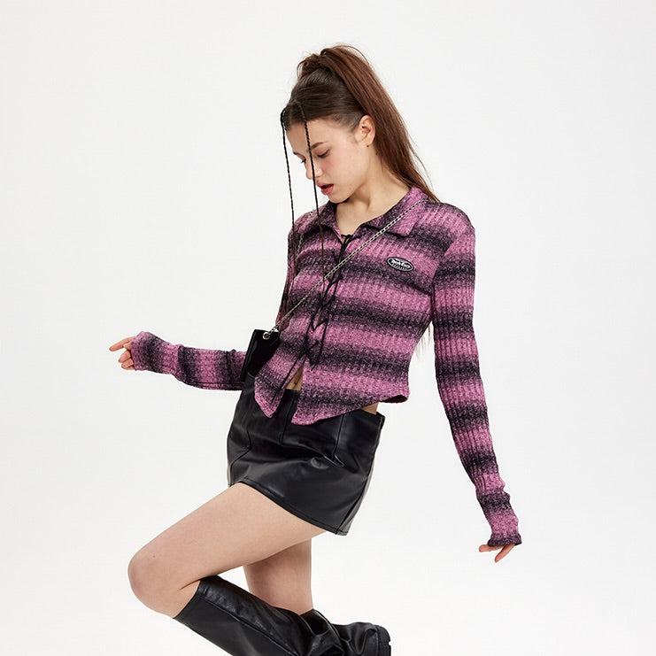 Niche Design Cropped Striped Crossover Tie Long Sleeve Top
