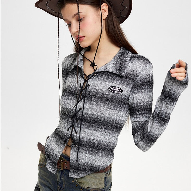 Niche Design Cropped Striped Crossover Tie Long Sleeve Top