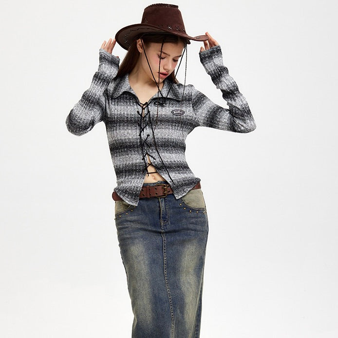 Niche Design Cropped Striped Crossover Tie Long Sleeve Top