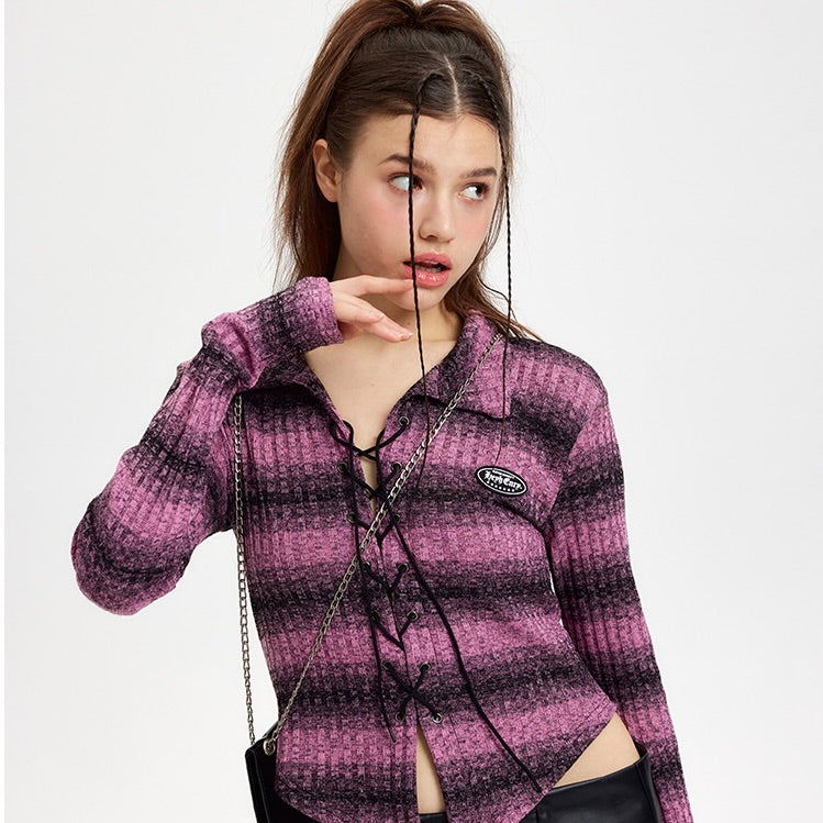 Niche Design Cropped Striped Crossover Tie Long Sleeve Top