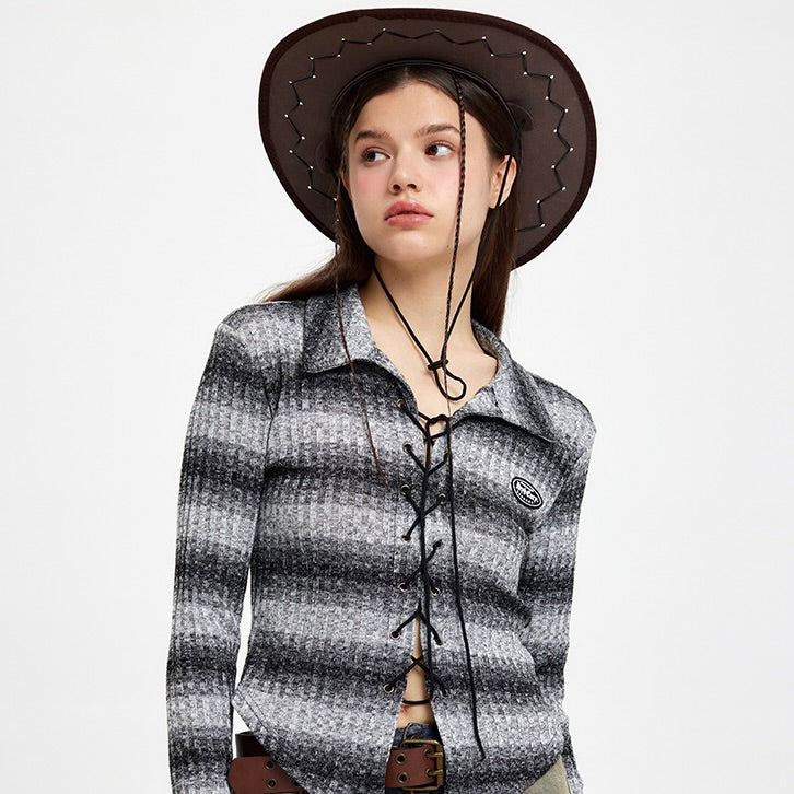 Niche Design Cropped Striped Crossover Tie Long Sleeve Top