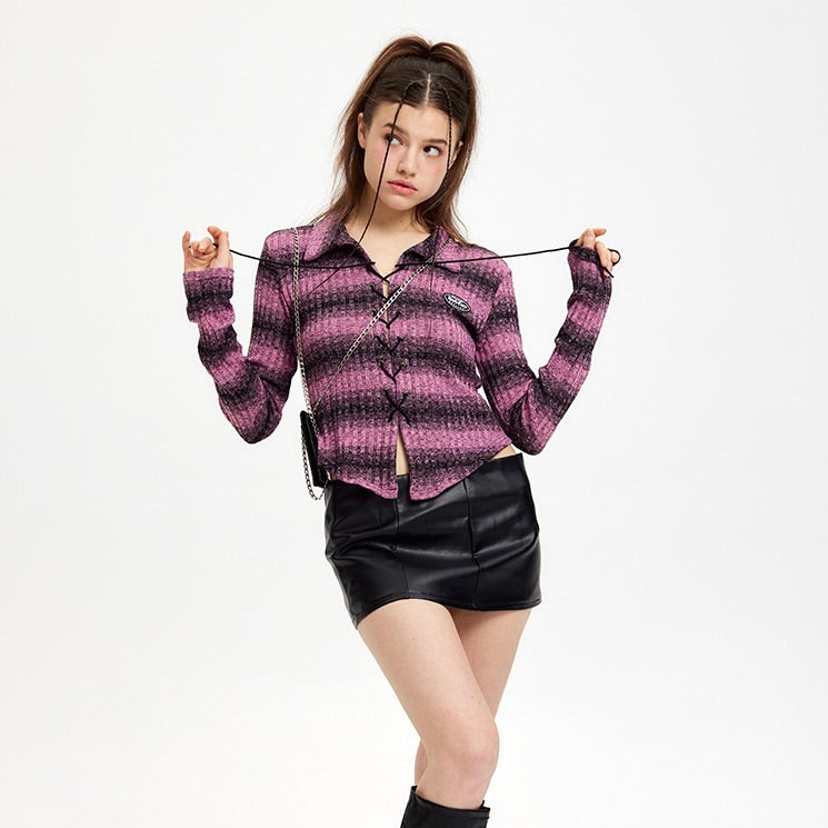 Niche Design Cropped Striped Crossover Tie Long Sleeve Top