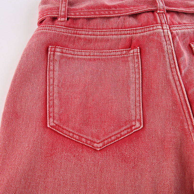 Metal Buckle Frayed Low Rise Jeans