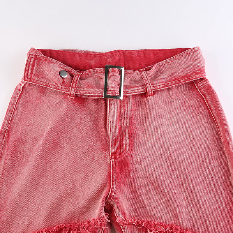 Metal Buckle Frayed Low Rise Jeans