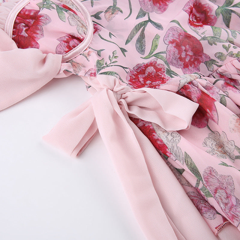 Pink Floral Mesh One-shoulder Waist A-line Dress