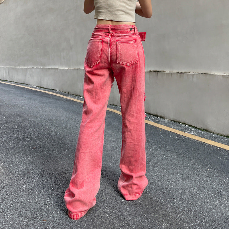 Metal Buckle Frayed Low Rise Jeans