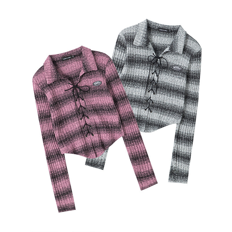 Niche Design Cropped Striped Crossover Tie Long Sleeve Top