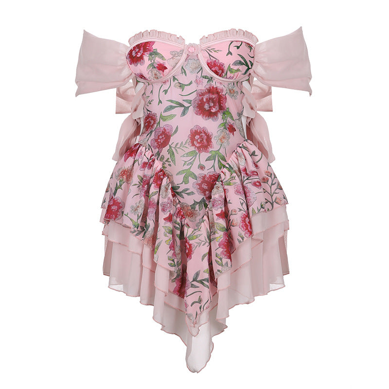Pink Floral Mesh One-shoulder Waist A-line Dress