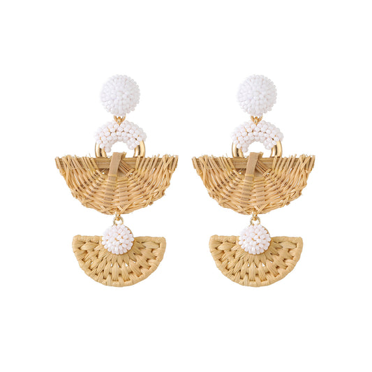 Beach Vacation Style Handwoven Rice Beads and Rattan Scalloped Earrings
