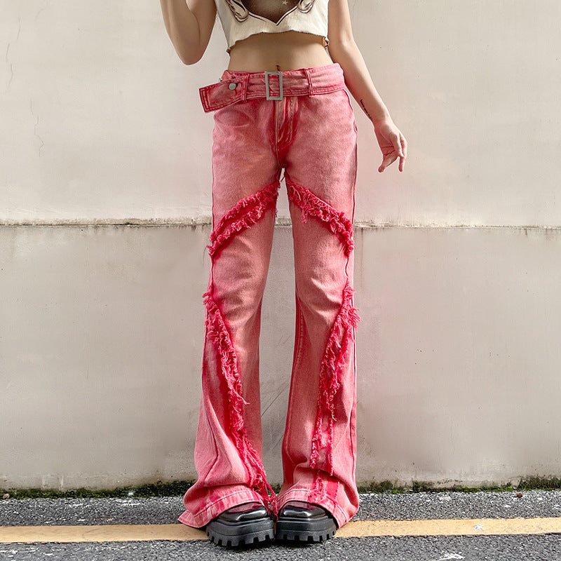 Metal Buckle Frayed Low Rise Jeans