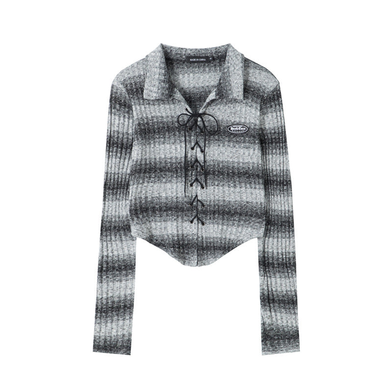 Niche Design Cropped Striped Crossover Tie Long Sleeve Top