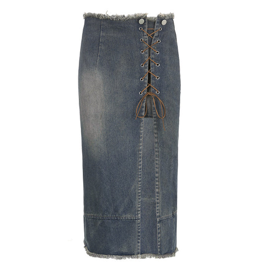 Y2K Strappy Slit Raw-edged Denim Skirt