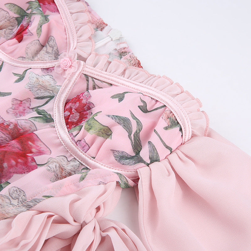 Pink Floral Mesh One-shoulder Waist A-line Dress