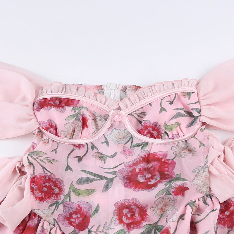 Pink Floral Mesh One-shoulder Waist A-line Dress