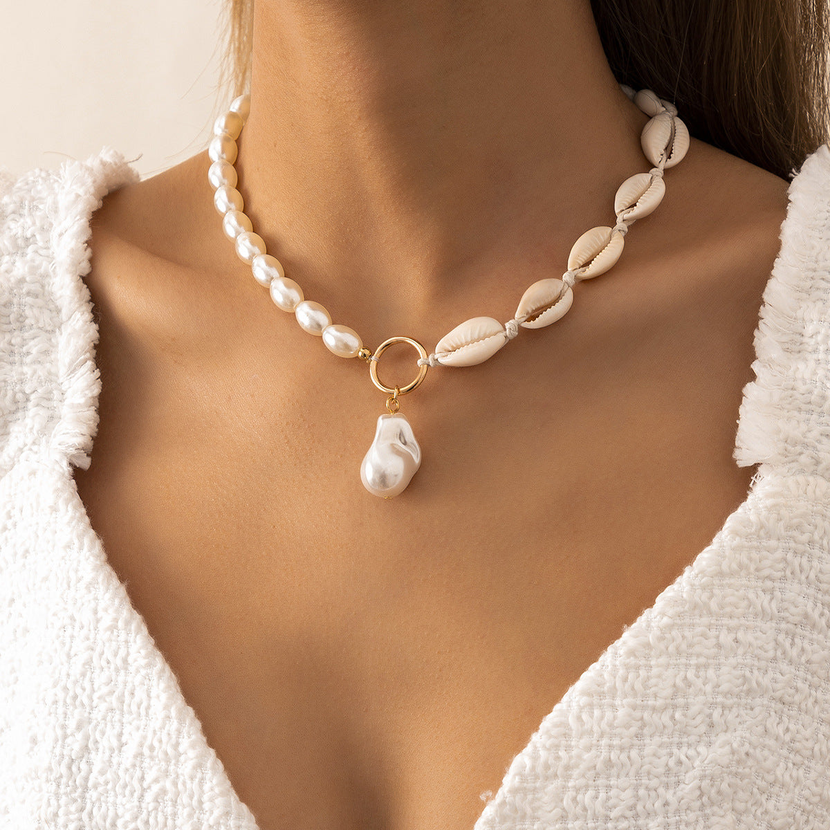 Beach Resort Style Baroque Shaped Pearl Necklace Shell Clavicle Chain