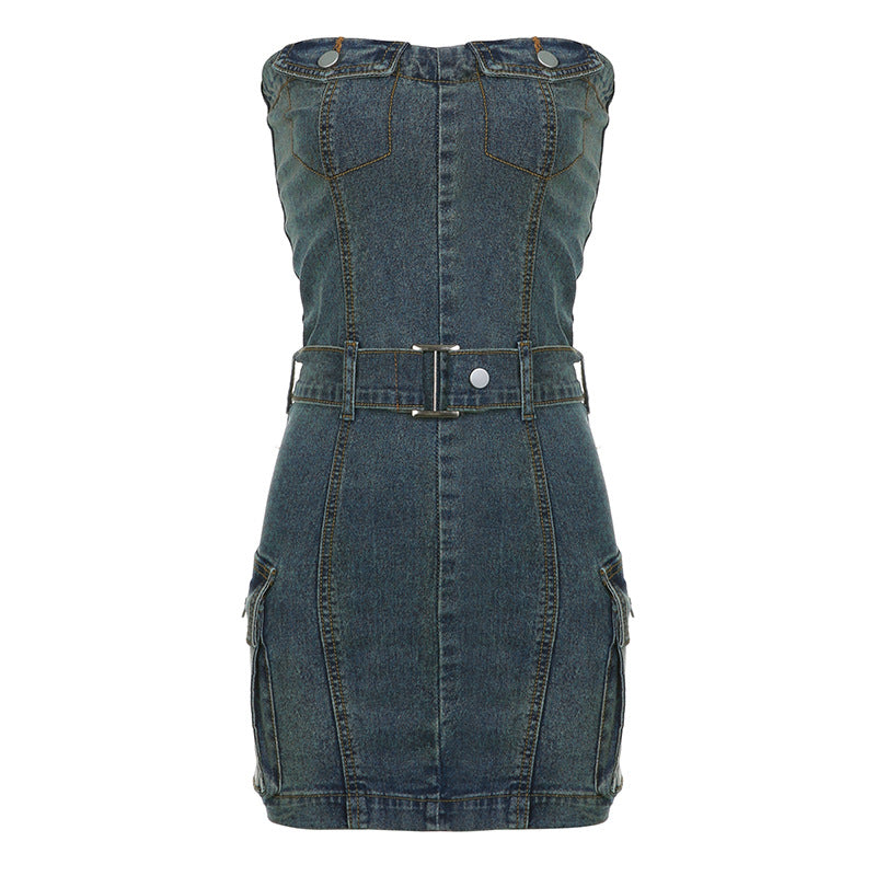 Y2K Strapless Waist Denim Dress