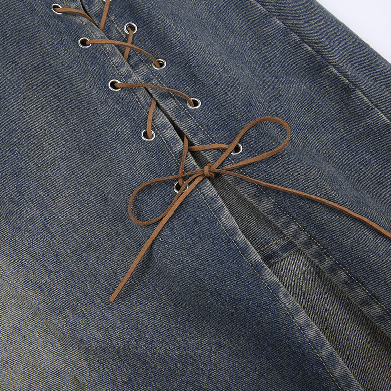 Y2K Strappy Slit Raw-edged Denim Skirt