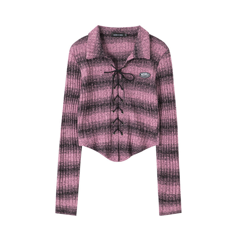 Niche Design Cropped Striped Crossover Tie Long Sleeve Top