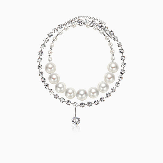 Large and Small Pearl Wrapped Zirconia Multi-Wear Necklace