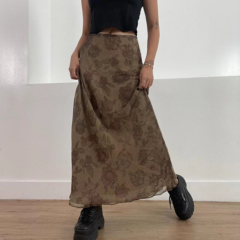 Vintage Foral Print Mesh Long Skirt