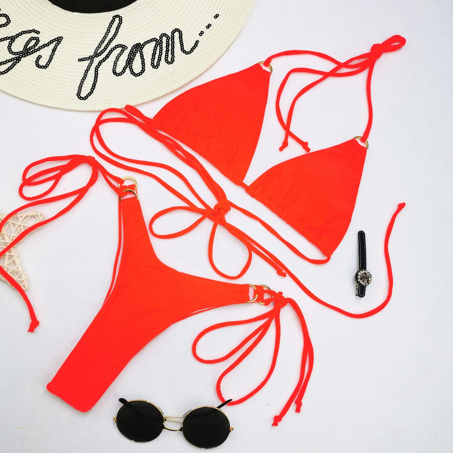 Ring Linked Triangle Tie Side Bikini Swimsuit
