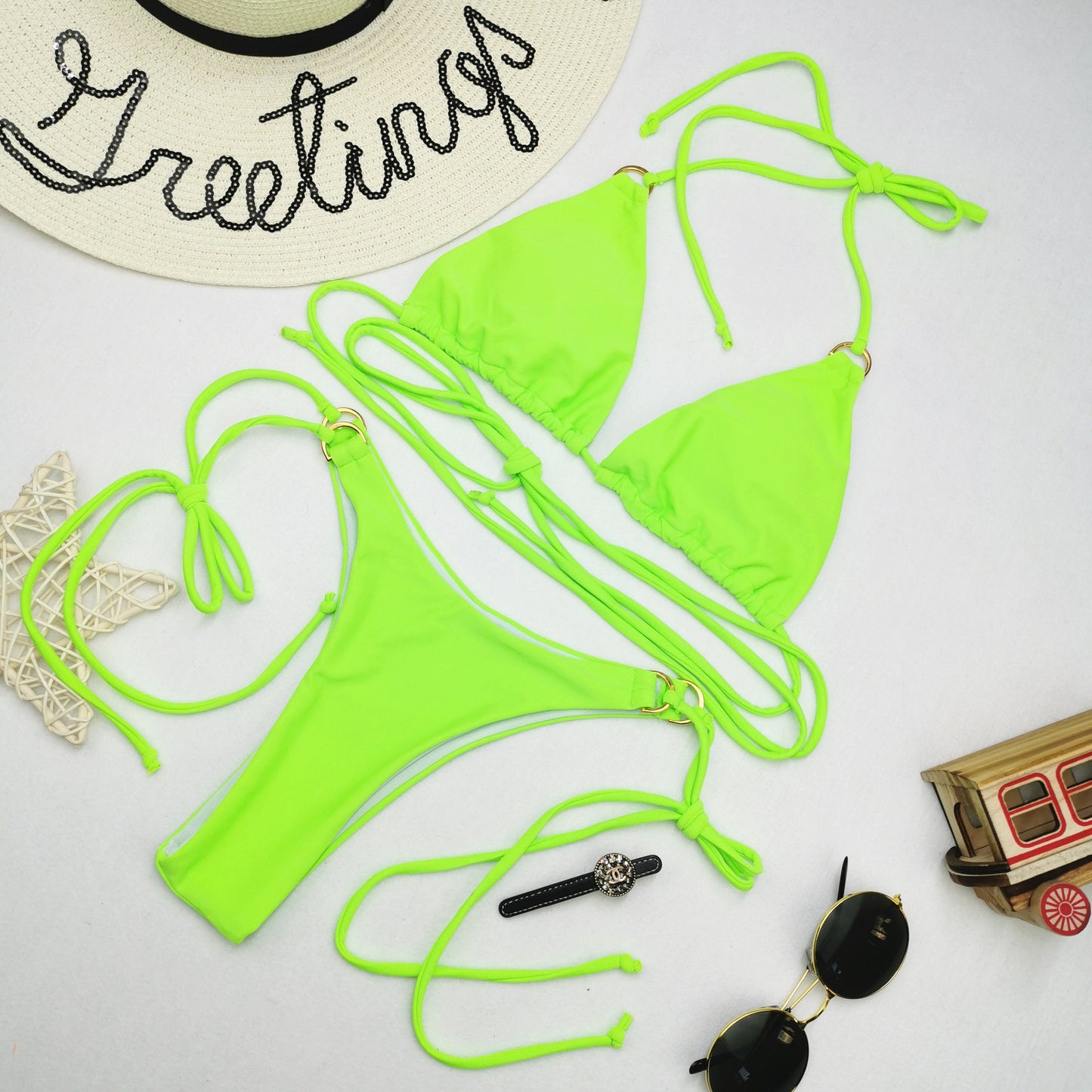 Ring Linked Triangle Tie Side Bikini Swimsuit