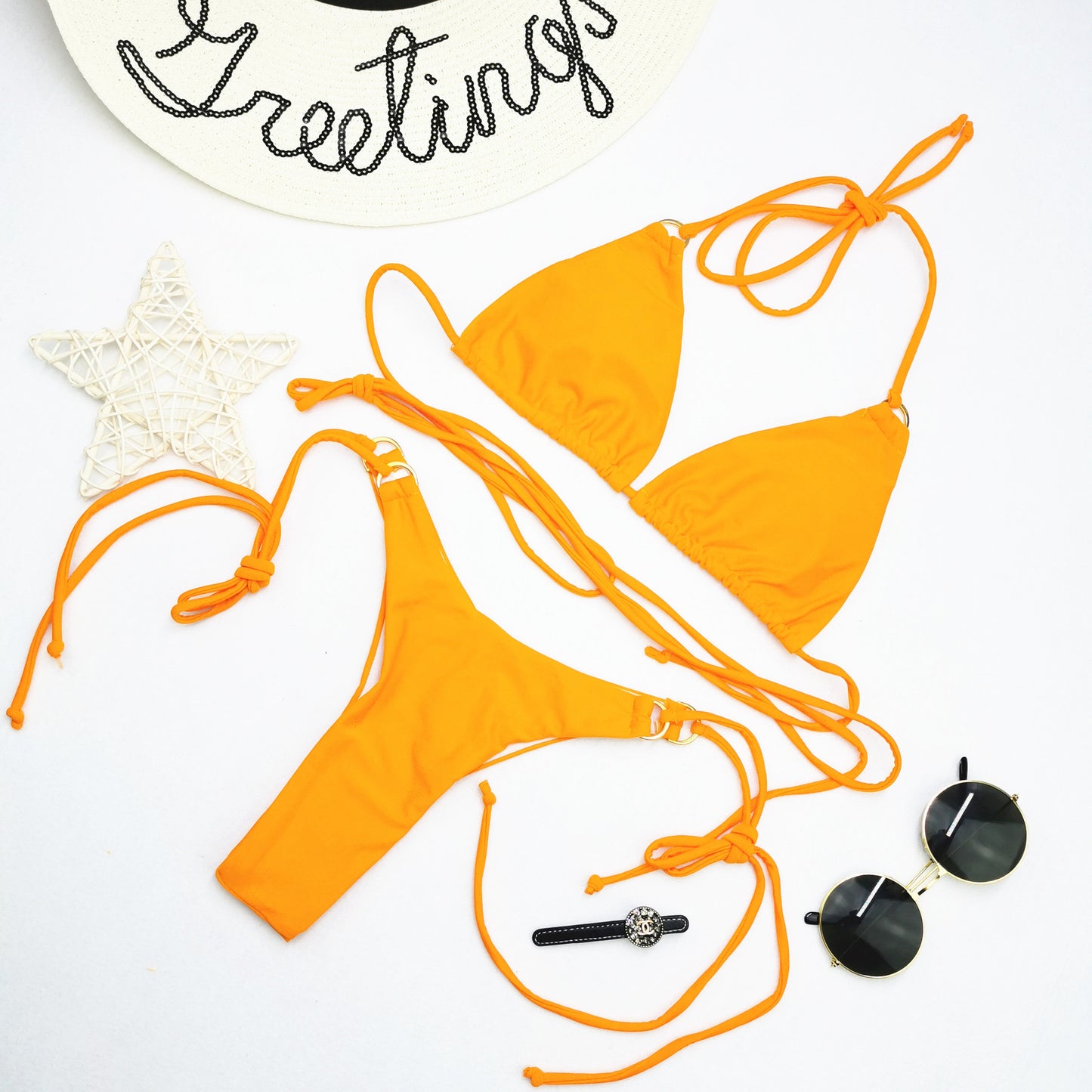 Ring Linked Triangle Tie Side Bikini Swimsuit