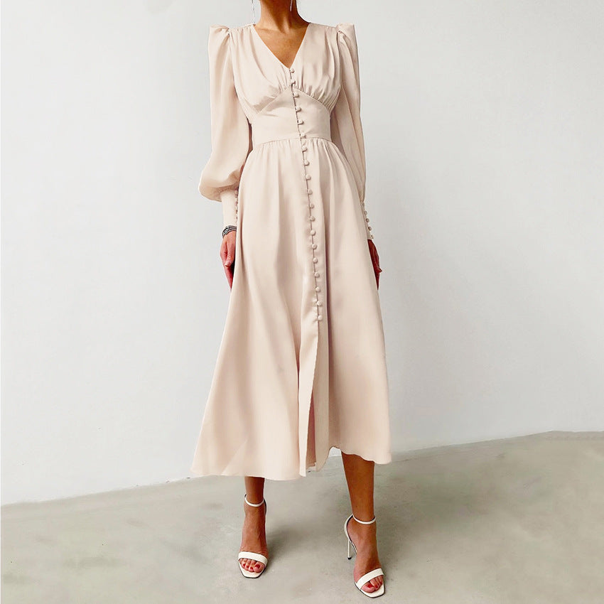 Satin Balloon Sleeve Wrap Dress