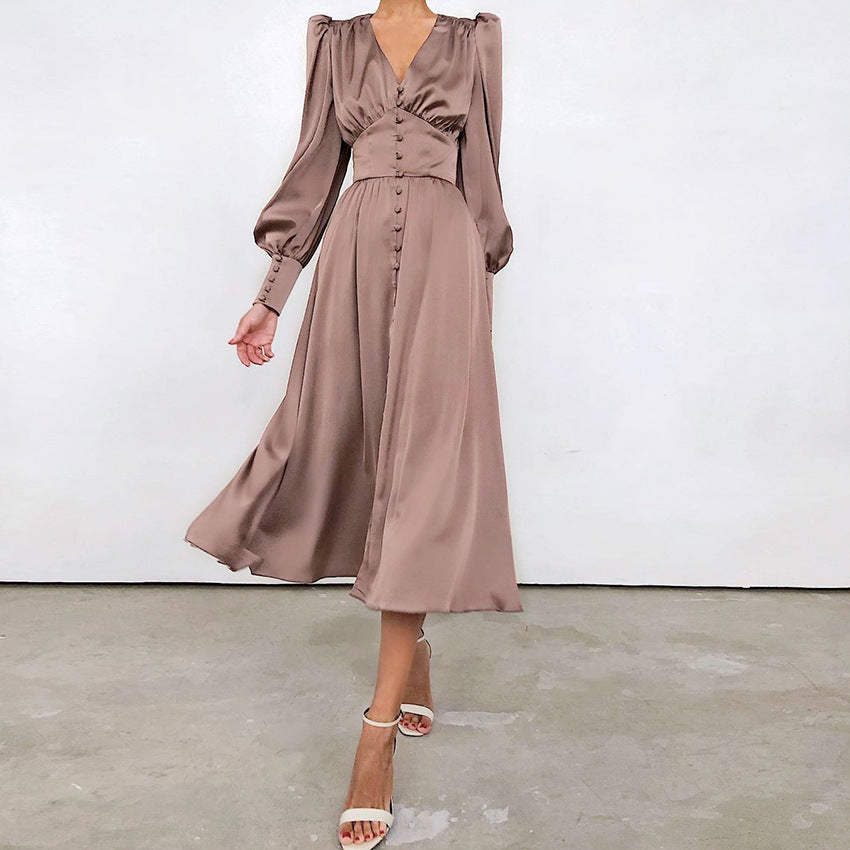 Satin Balloon Sleeve Wrap Dress