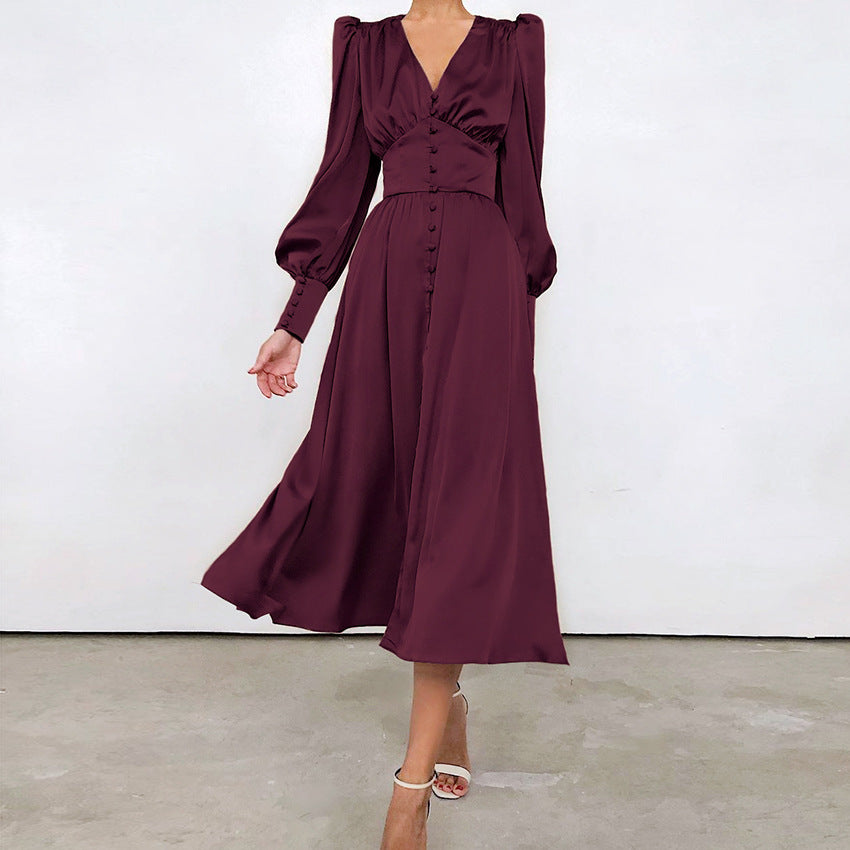 Satin Balloon Sleeve Wrap Dress