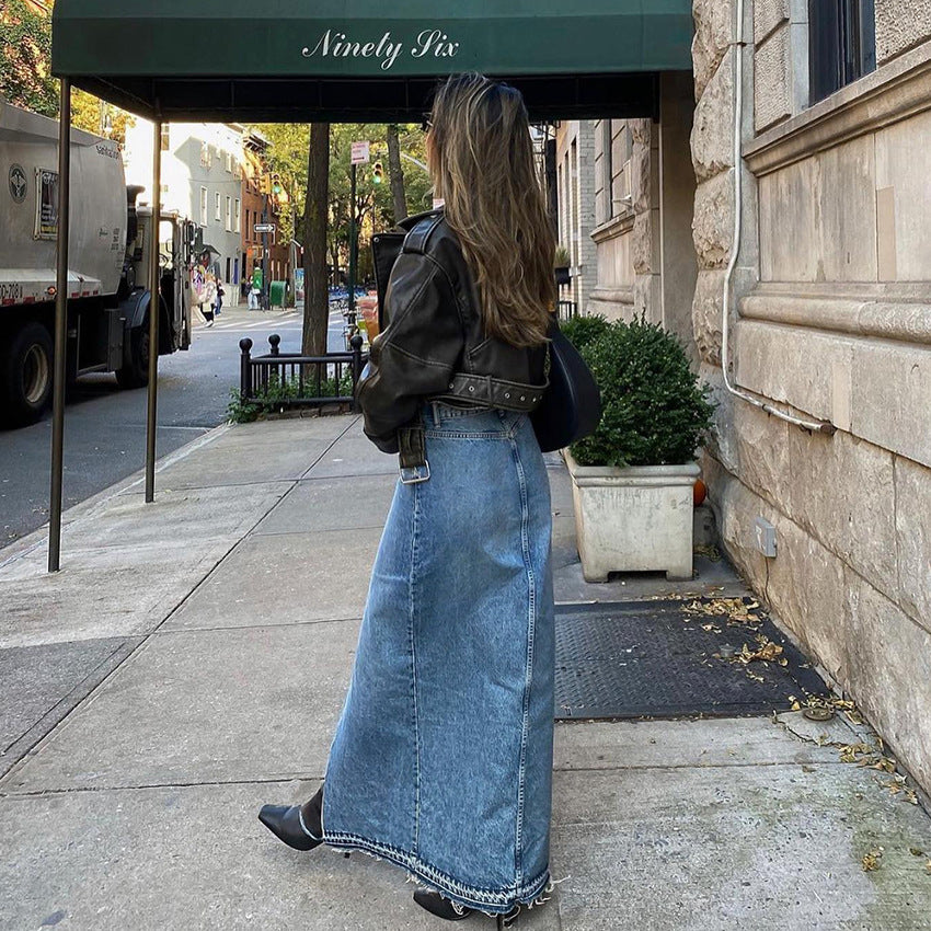 Women's High-Waisted Slim Fit Split Blue Denim Maxi Skirt Bodycon Design