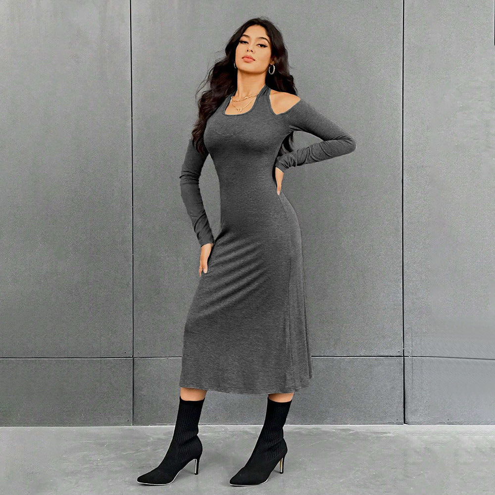 Women's Simple Halter High-Waisted Slim Fit Solid Color Dress