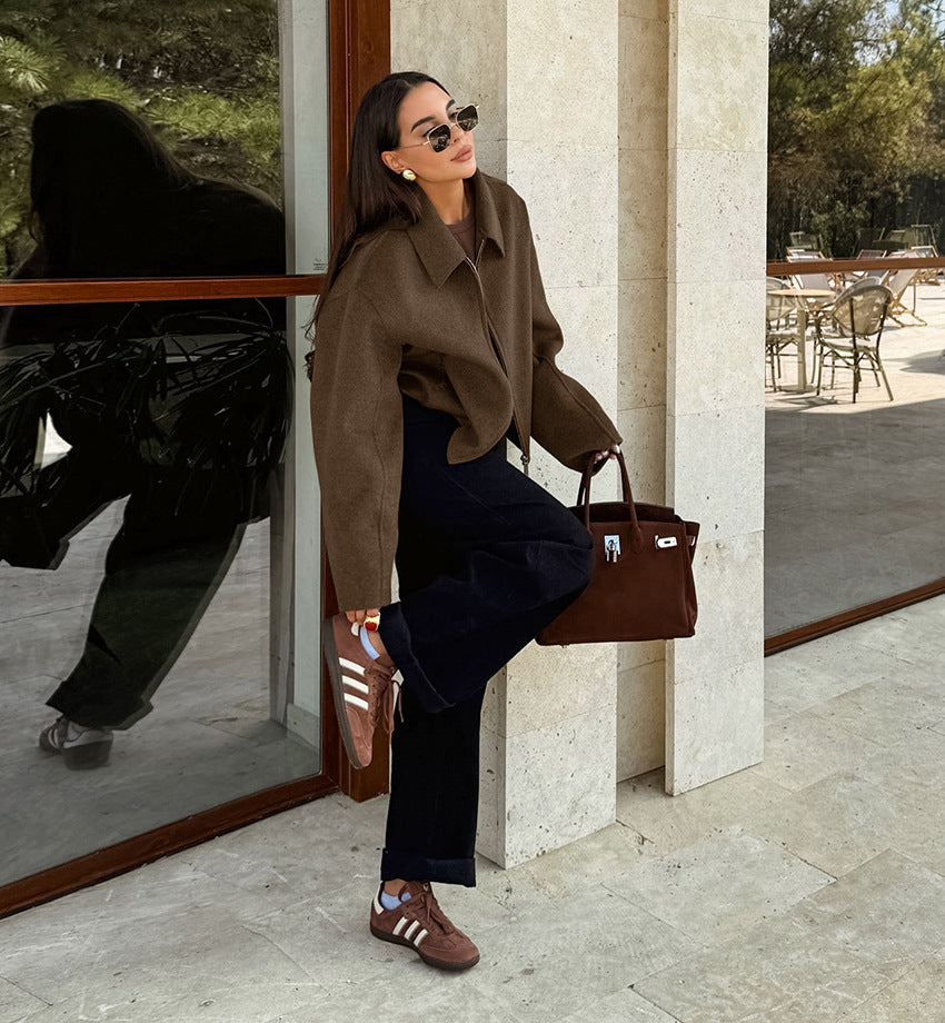 Women's Lapel Long Sleeve Zipper Woolen Coat - Premium Fashion Jacket
